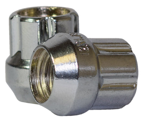 Lug Nut 14 Millimeter X 1.5 Thread Size; 60 Degree Conical; Spline Drive; 1 Inch Overall Length; 7 Spline Tool; Chrome Plated; Carbon Steel; Single