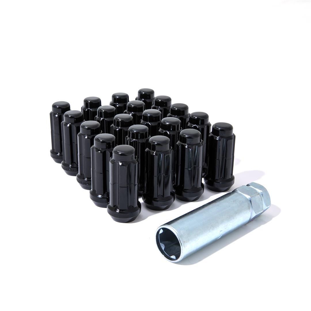 Wheel Installation Kit 5 Lug Kit; 14 Millimeter X 1.5 Thread Size; 60 Degree Conical; Spline Drive; Acorn Duplex; 2 Inch Overall Length; 6 Spline Tool; With 16 Black Steel Lug Nuts/ 4 Locks/ Socket Key