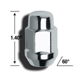 Lug Nut 12 Millimeter X 1.5 Thread Size; Conical Seat; For Use With Steel And Aluminum Wheels; 1.4 Inch Overall Length; 3/4 Inch Hex Size; Chrome Plated; Steel; Pack Of 4 With Bagged Packaging