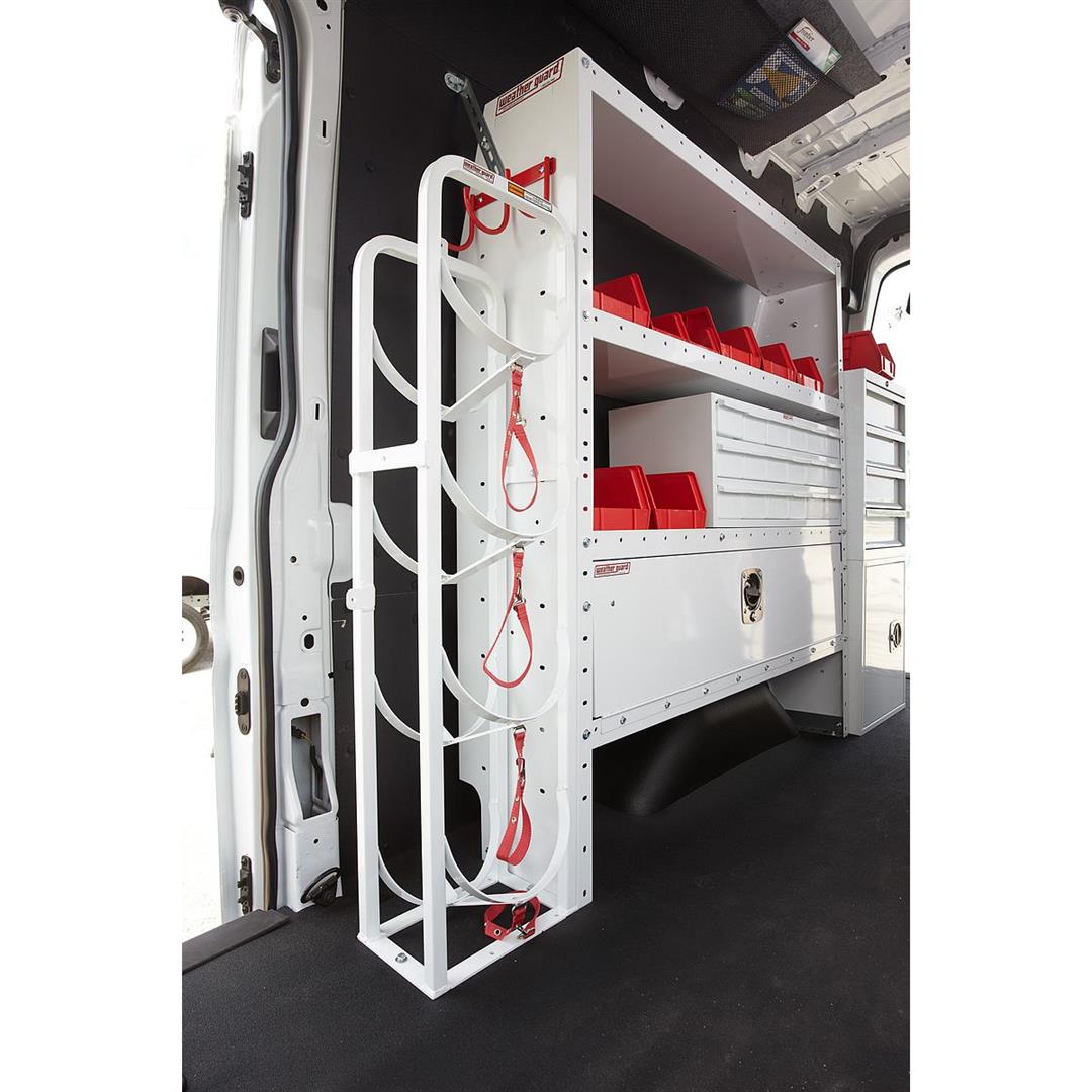 Van Storage System Refrigerant Tank Rack Bolts to Wall; Holds Four 30 Pound Tanks; 48 Inch Height x 13 Inch Width x 8 Inch Depth; Steel; With Straps