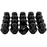 Lug Nut 5 Lug Kit; 14 Millimeter x 1.5 Thread Size; 60 Degree Conical Bulge; Acorn; 1.45 Inch Overall Length; 13/16 Inch Lug Nut Hex Size; With 20 Black Carbon Steel Lug Nuts