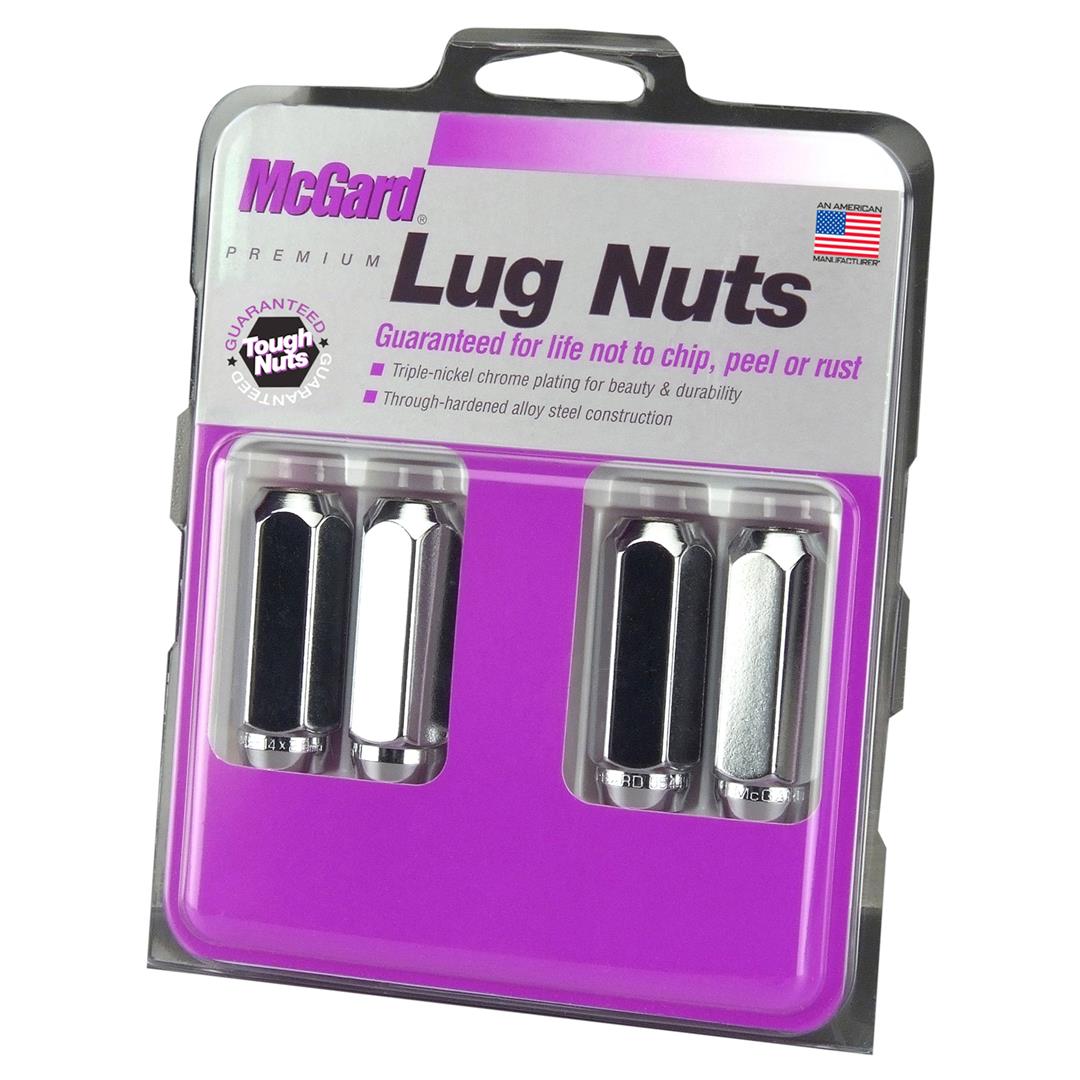 Lug Nut 14 Millimeter X 2.0 Thread Size; Conical Seat; Duplex Lug; Use With Steel/ Aluminum Wheels; 2-1/4 Inch Overall Length; 13/16 Inch Wrench Size; Chrome Plated; Steel; Set Of 4