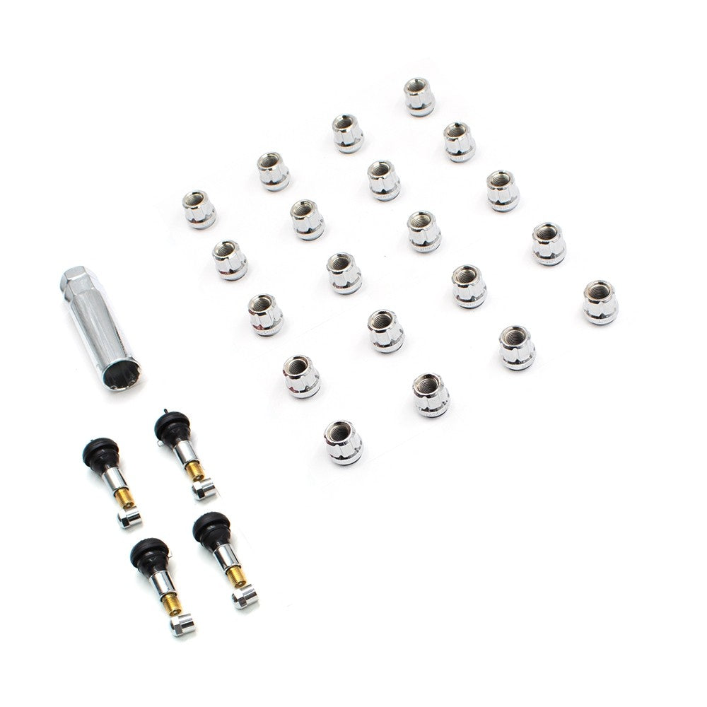 Lug Nut 5 Lug Kit; 12 Millimeter x 1.5 Thread Size; 60 Degree Conical; Spline Drive; Acorn Open End; 0.84 Inch Overall Length; 6 Spline Tool; With 20 Chrome Plated Carbon Steel Lug Nut/ Socket Key/ 4 Valve Stems