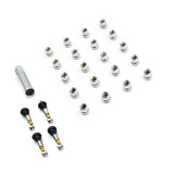 Lug Nut 5 Lug Kit; 12 Millimeter x 1.5 Thread Size; 60 Degree Conical; Spline Drive; Acorn Open End; 0.84 Inch Overall Length; 6 Spline Tool; With 20 Chrome Plated Carbon Steel Lug Nut/ Socket Key/ 4 Valve Stems