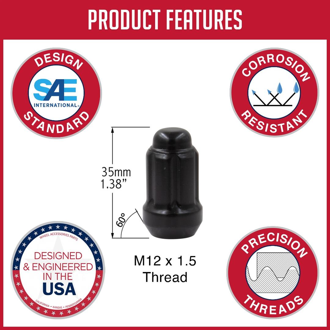 Lug Nut 12 Millimeter X 1.5 Thread Size; 60 Degree Conical Bulge; Acorn; 1.38 Inch Overall Length; Spline Drive; Requires 6 Spline Tool (See Required Parts); Black; Carbon Steel; Single