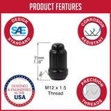 Lug Nut 12 Millimeter X 1.5 Thread Size; 60 Degree Conical Bulge; Acorn; 1.38 Inch Overall Length; Spline Drive; Requires 6 Spline Tool (See Required Parts); Black; Carbon Steel; Single