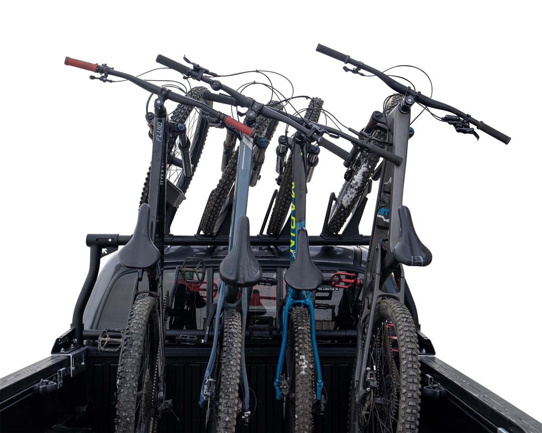 Bike Rack Bed Mount; Holds 2 Bikes Vertically; Cradle System With Straps; Non-Foldable; Texture Black Powder Coated; Aluminum; Additional Bike Rack Cradles Are Sold Separately To Carry Up To 4 Bikes