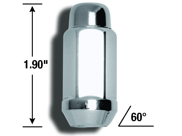 Lug Nut 14 Millimeter X 1.5 Thread Size; Conical Seat; For Use With Steel And Aluminum Wheels; 1.9 Inch Overall Length; 3/4 Inch Hex Size; Chrome Plated; Steel; Pack Of 4