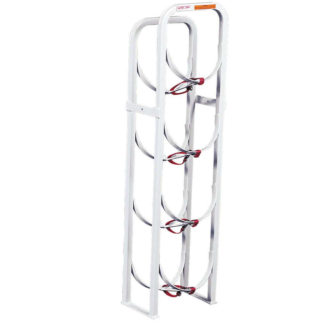 Van Storage System Refrigerant Tank Rack Bolts to Wall; Holds Four 30 Pound Tanks; 48 Inch Height x 13 Inch Width x 8 Inch Depth; Steel; With Straps