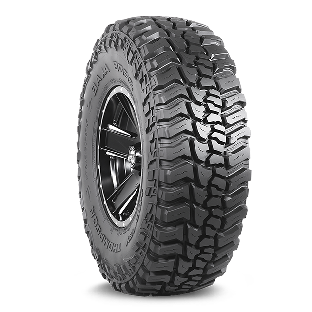 Tire LT325 x 50R22; Mud Terrain Light Truck & SUV; Steel Belted; Radial; Black Sidewall; Tubeless; Hard Asymmetrical Tread Design; 3 Ply Sidewall; Limited Warranty; Load Range F; Service Rating 127Q (3860 Pounds Max Load/ 99 MPH Speed Rating); Fits 9.0 In
