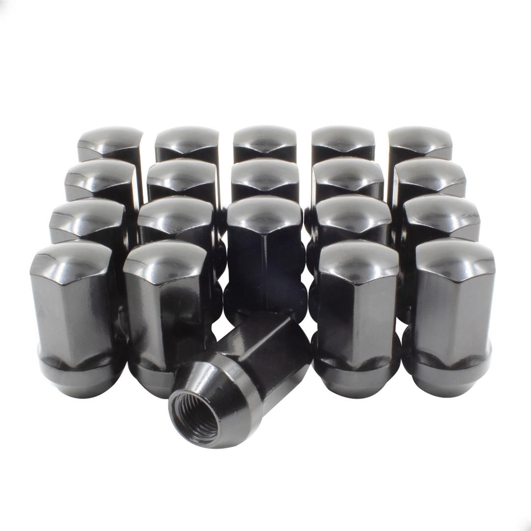Lug Nut 5 Lug Kit; 14 Millimeter x 1.5 Thread Size; 60 Degree Conical; Acorn; 1.66 Inch Overall Length; 7/8 Inch Hex Size; With 20 Black Steel Lug Nuts