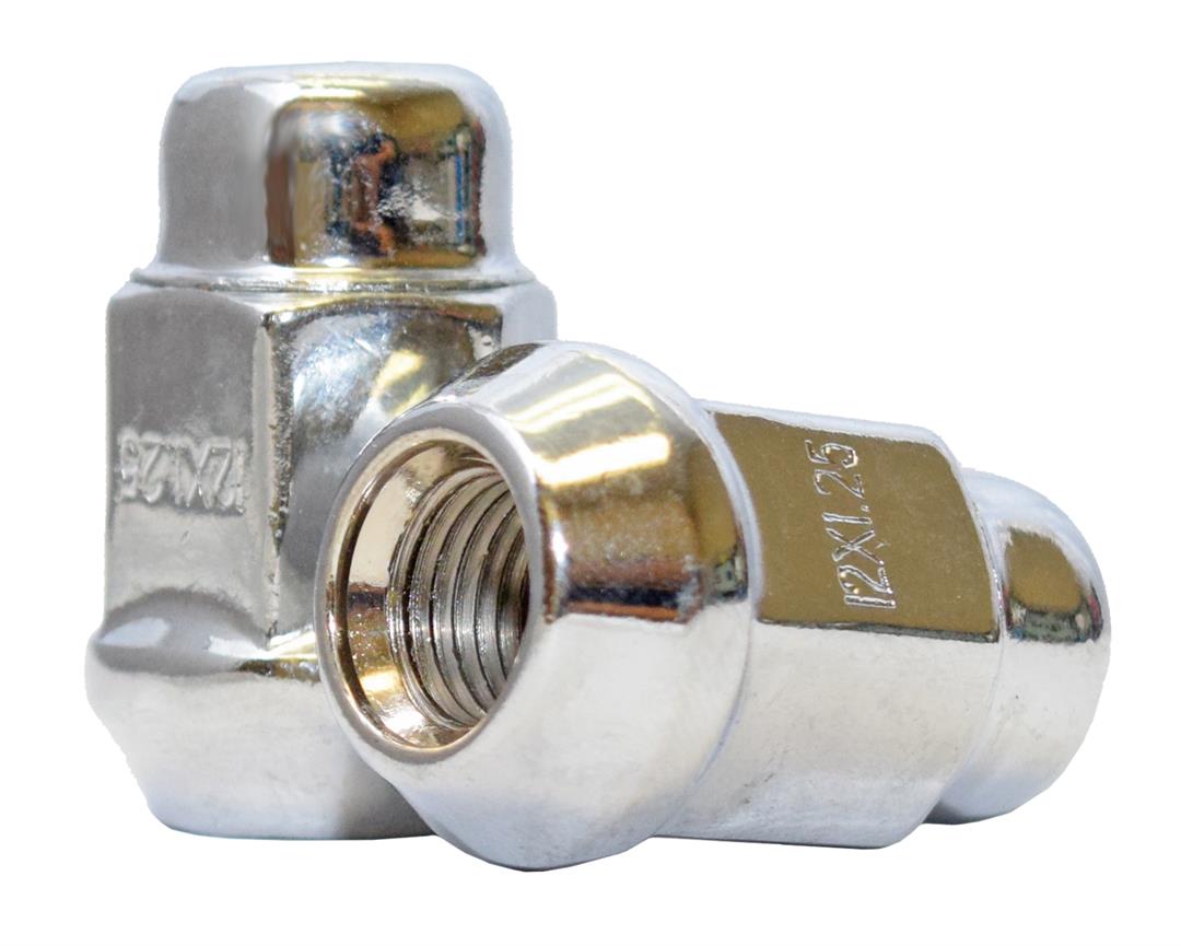 Lug Nut 12 Millimeter X 1.25 Thread Size; 60 Degree Conical Bulge; Acorn; 1.38 Inch Overall Length; 3/4 Inch Hex Size; Chrome Plated; Steel; 2 Piece Design Thin Metal Cap On Top Of The Nut; Single