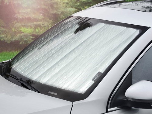 Windshield Shade Removable Roll Up With Velcro Strap For Storage; Direct-Fit; Fits Full Windshield; Silver/ Black Reversible; Uses Sun Visors/ Friction To Hold In Place
