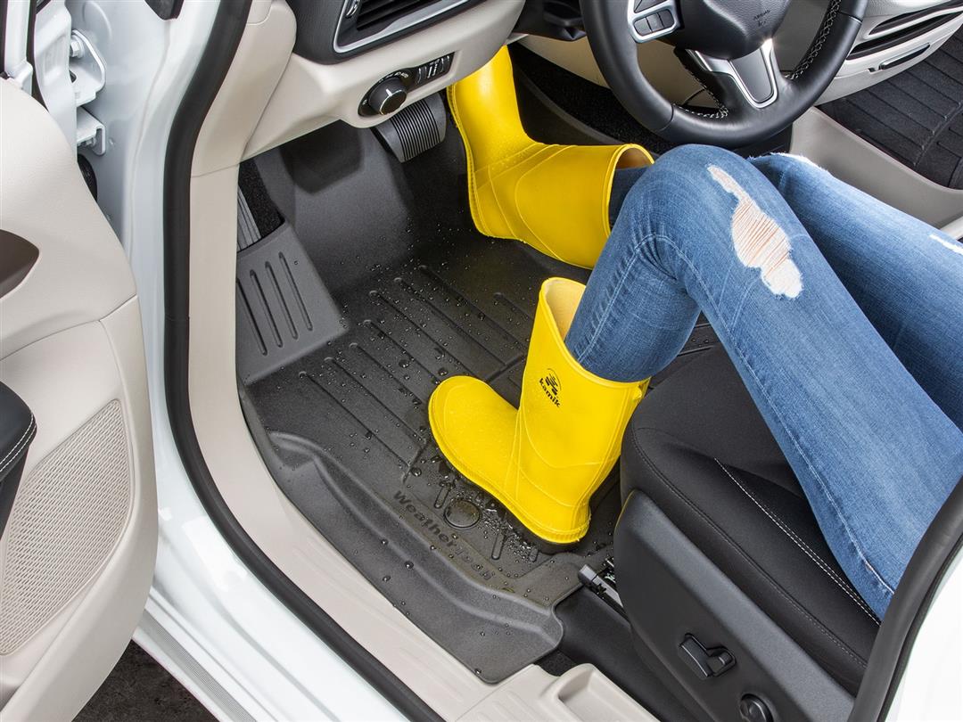 Floor Liner Molded Fit With Underside Nibs; With Channels And Reservoir To Direct And Hold Fluids With Embossed WeatherTech Logo; Black; Thermoplastic Elastomer (TPE) Injection Molded Material; 2 Piece