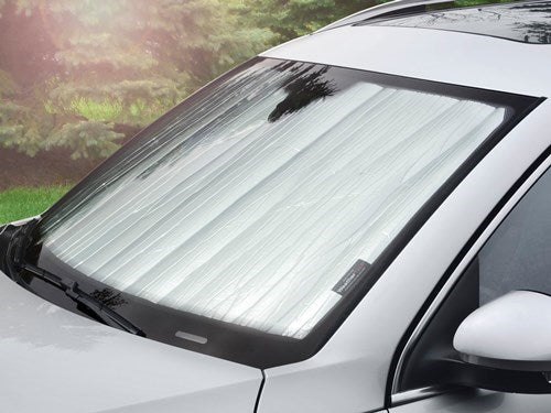 Window Shade Full Vehicle Kit; Direct-Fit; Silver/ Black Reversible; Uses Sun Visors/ Friction To Hold In Place; Roll Up With Hook And Loop Strap For Storage