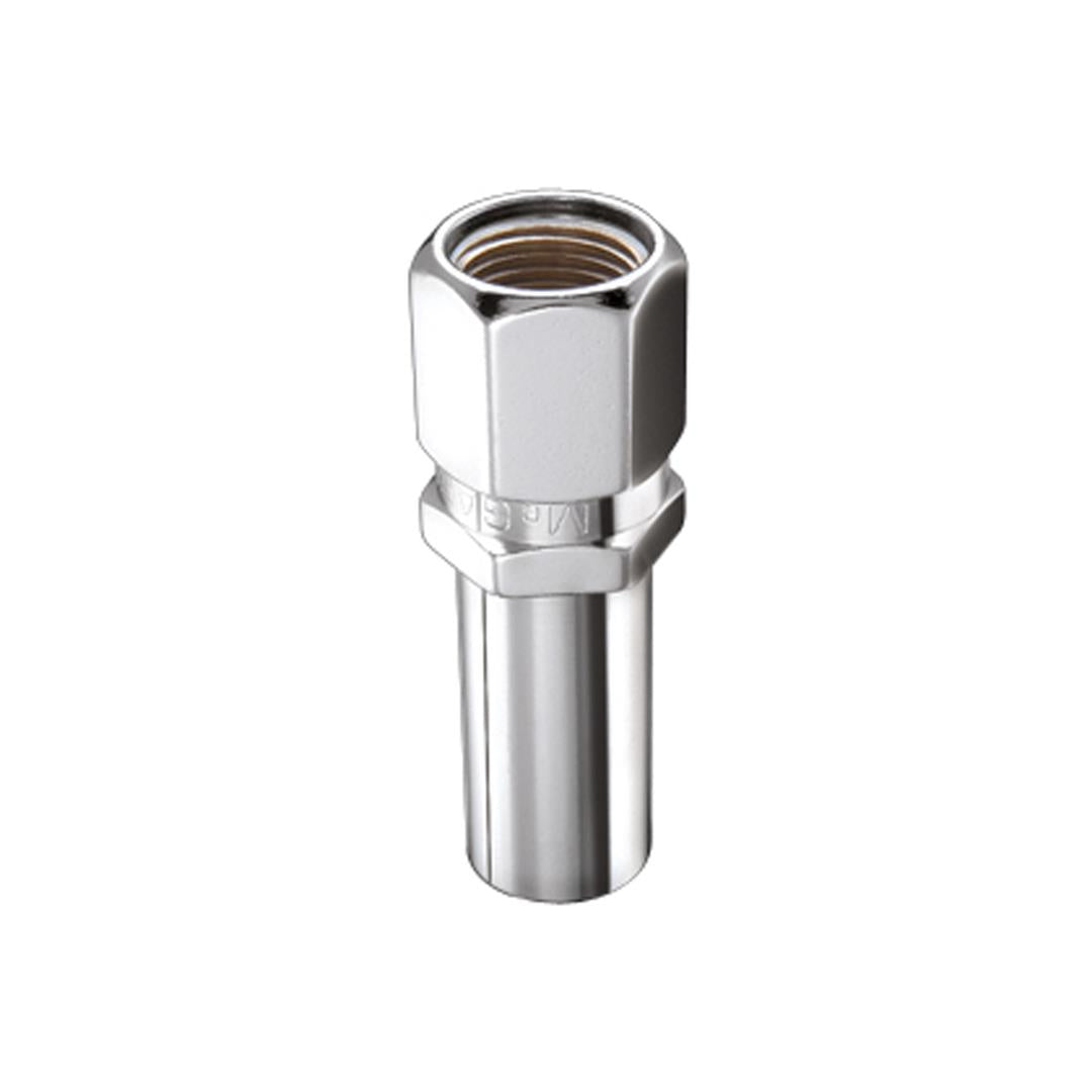Lug Nut 12 Millimeter X 1.5 Thread Size; 2.475 Inch Extra Long With 1-1/4 Inch Round Center Hole Washer; Duplex Open Ended Lug; 2.475 Inch Overall Length; 13/16 Inch Wrench Size; Chrome Plated; Steel; Set Of 4