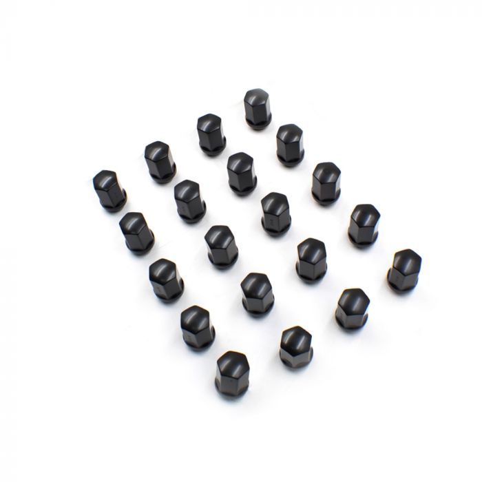 Lug Nut 5 Lug Kit; 14 Millimeter x 1.5 Thread Size; 60 Degree Conical; Acorn Extra Long; 1.77 Inch Overall Length; 7/8 Inch Hex Size; With 20 Black Steel Lug Nuts
