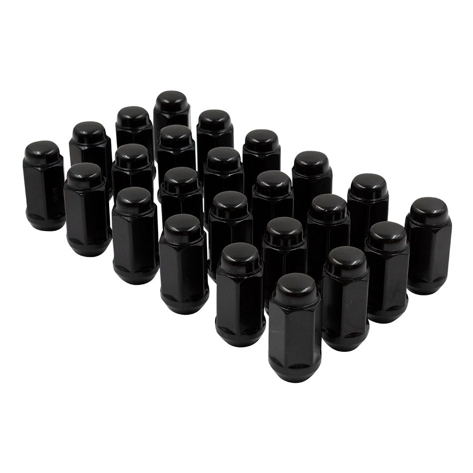 Lug Nut 6 Lug Kit; 14 Millimeter x 1.5 Thread Size; 60 Degree Conical; Acorn Duplex; 2 Inch Overall Length; 7/8 Inch Lug Nut Hex Size; With 24 Black Carbon Steel Lug Nuts