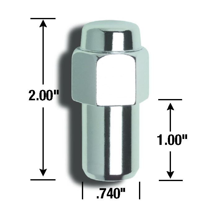 Lug Nut 14 Millimeter X 1.5 Thread Size; 1 Inch Mag Shank; 2 Inch Overall Length; 7/8 Inch Hex Size; Chrome Plated; Steel; Pack Of 4 With Bagged Packaging