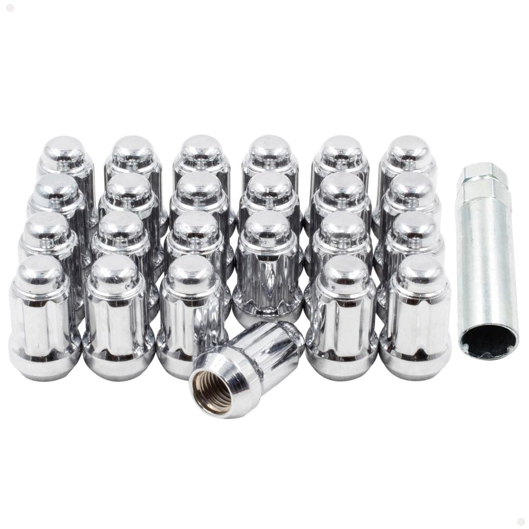 Lug Nut 6 Lug Kit; 12 Millimeter x 1.5 Thread Size; 60 Degree Conical; Spline Drive; Acorn; 1.38 Inch Overall Length; 6 Spline Tool; With 24 Chrome Plated Carbon Steel Lug Nut