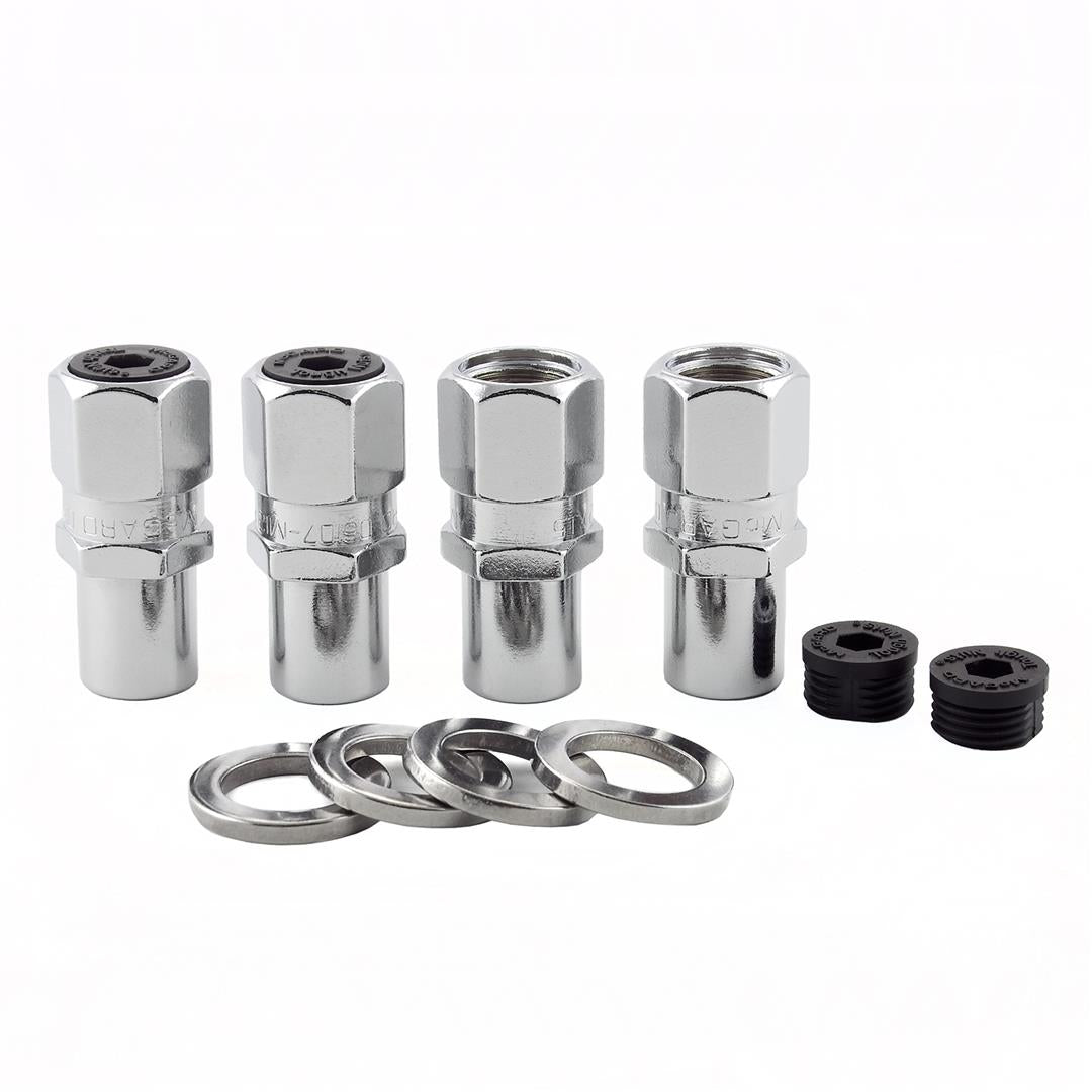 Lug Nut 12 Millimeter X 1.5 Thread Size; 0.746 Inch Regular Mag Shank With 1.06 Inch Round Center Hole Washer; Extra Long Open Ended Lug; 1.86 Inch Overall Length; 13/16 Inch Wrench Size; Chrome Plated; Steel; Set Of 4