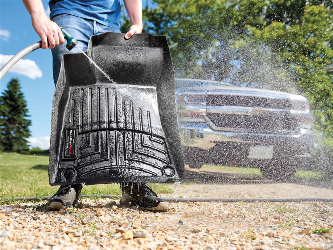 Floor Liner Molded Fit; With Channels And Reservoir To Direct And Hold Fluids With Applied WeatherTech Logo; Black; Thermoplastic Polyolefin (TPO) Vacuum Formed Material; 2 Piece