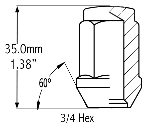 Lug Nut 14 Millimeter X 2 Thread Size; 60 Degree Conical Bulge; Acorn; 1.38 Inch Overall Length; 3/4 Inch Hex Size; Chrome Plated; Steel; Single