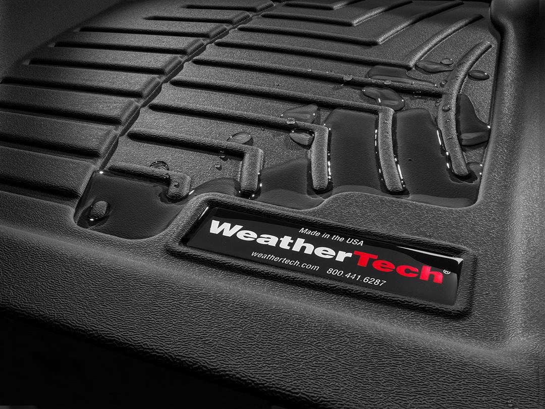 Floor Liner Molded Fit; With Channels And Reservoir To Direct And Hold Fluids With Applied WeatherTech Logo; Black; Thermoplastic Polyolefin (TPO) Vacuum Formed Material; 2 Piece