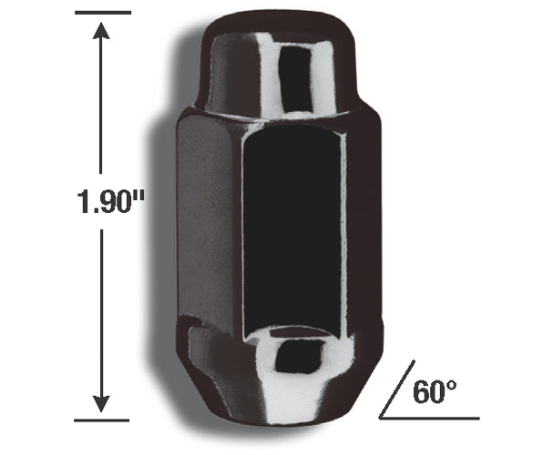 Lug Nut 14 Millimeter X 1.5 Thread Size; Conical Seat; Bulge Acorn; 1.9 Inch Overall Length; 3/4 Inch Hex Size; Black Chrome; Steel; Pack Of 4