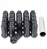 Lug Nut 5 Lug Kit; 14 Millimeter x 1.5 Thread Size; 60 Degree Conical; Spline Drive; Acorn; 1.90 Inch Overall Length; 6 Spline Tool; With 20 Black Steel Lug Nut