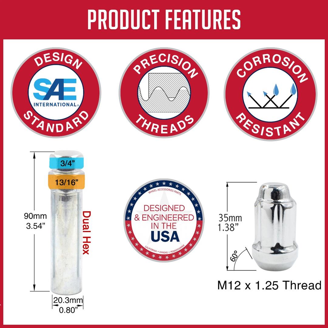 Lug Nut 6 Lug Kit; 12 Millimeter x 1.25 Thread Size; 60 Degree Conical; Spline Drive; Acorn; 1.38 Inch Overall Length; 6 Spline Tool; With 24 Chrome Plated Carbon Steel Lug Nut