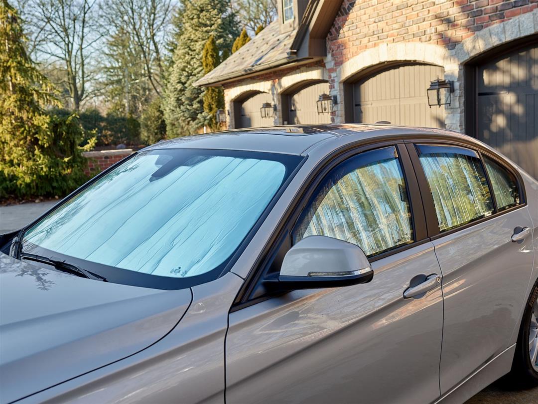 Window Shade Full Vehicle Kit; Direct-Fit; Silver/ Black Reversible; Uses Sun Visors/ Friction To Hold In Place; Roll Up With Hook And Loop Strap For Storage