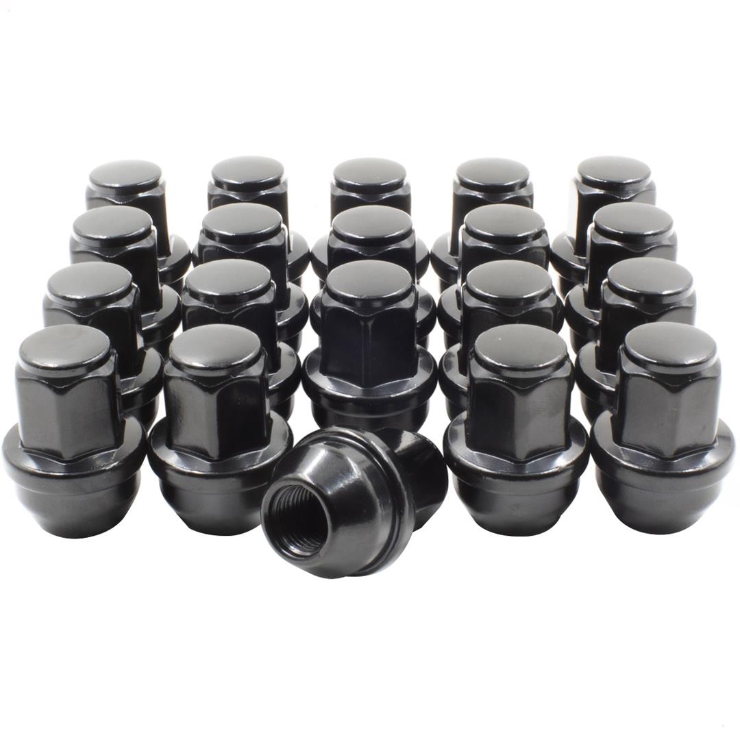 Lug Nut 5 Lug Kit; 14 Millimeter x 1.5 Thread Size; 60 Degree Conical; Acorn; 1.66 Inch Overall Length; 13/16 Inch Hex Size; With 20 Black Carbon Steel Lug Nuts