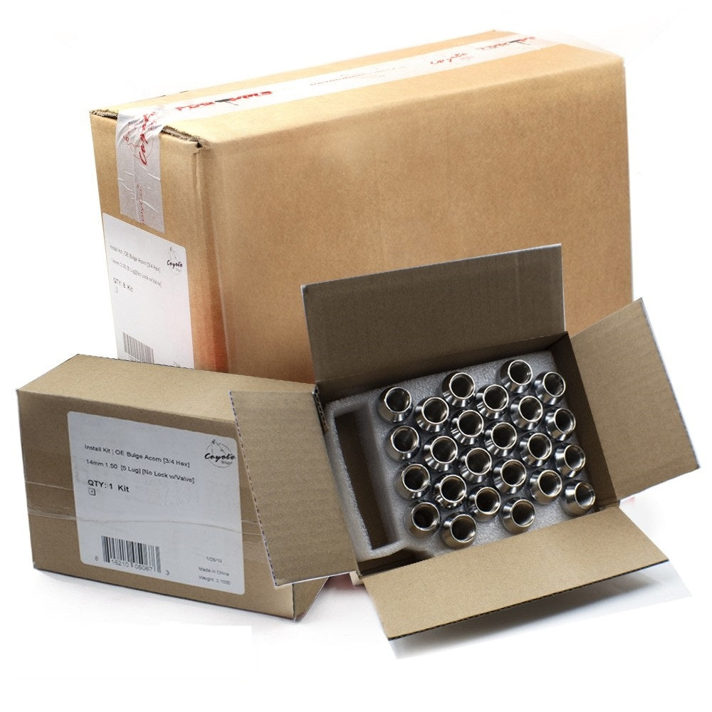 Lug Nut 6 Lug Kit; 14 Millimeter x 2 Thread Size; 60 Degree Conical Bulge Open End; Acorn Open End; 0.84 Inch Overall Length; 3/4 Inch Hex Size; With 24 Zinc Plated Steel Lug Nut