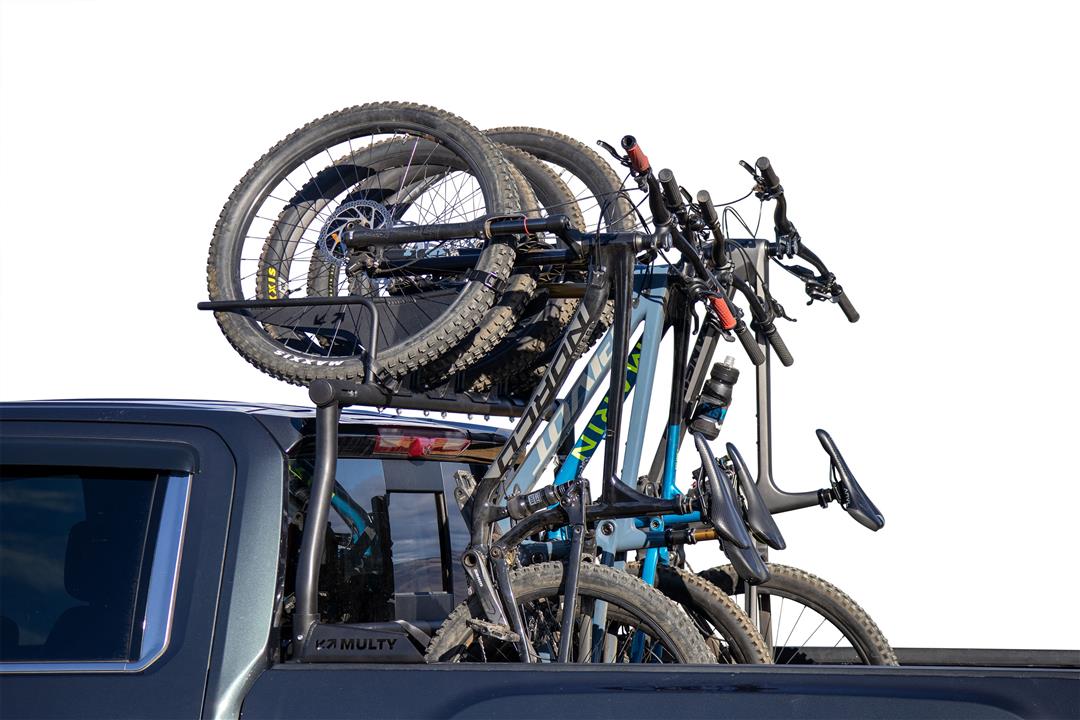 Bike Rack Bed Mount; Holds 2 Bikes Vertically; Cradle System With Straps; Non-Foldable; Texture Black Powder Coated; Aluminum; Additional Bike Rack Cradles Are Sold Separately To Carry Up To 6 Bikes