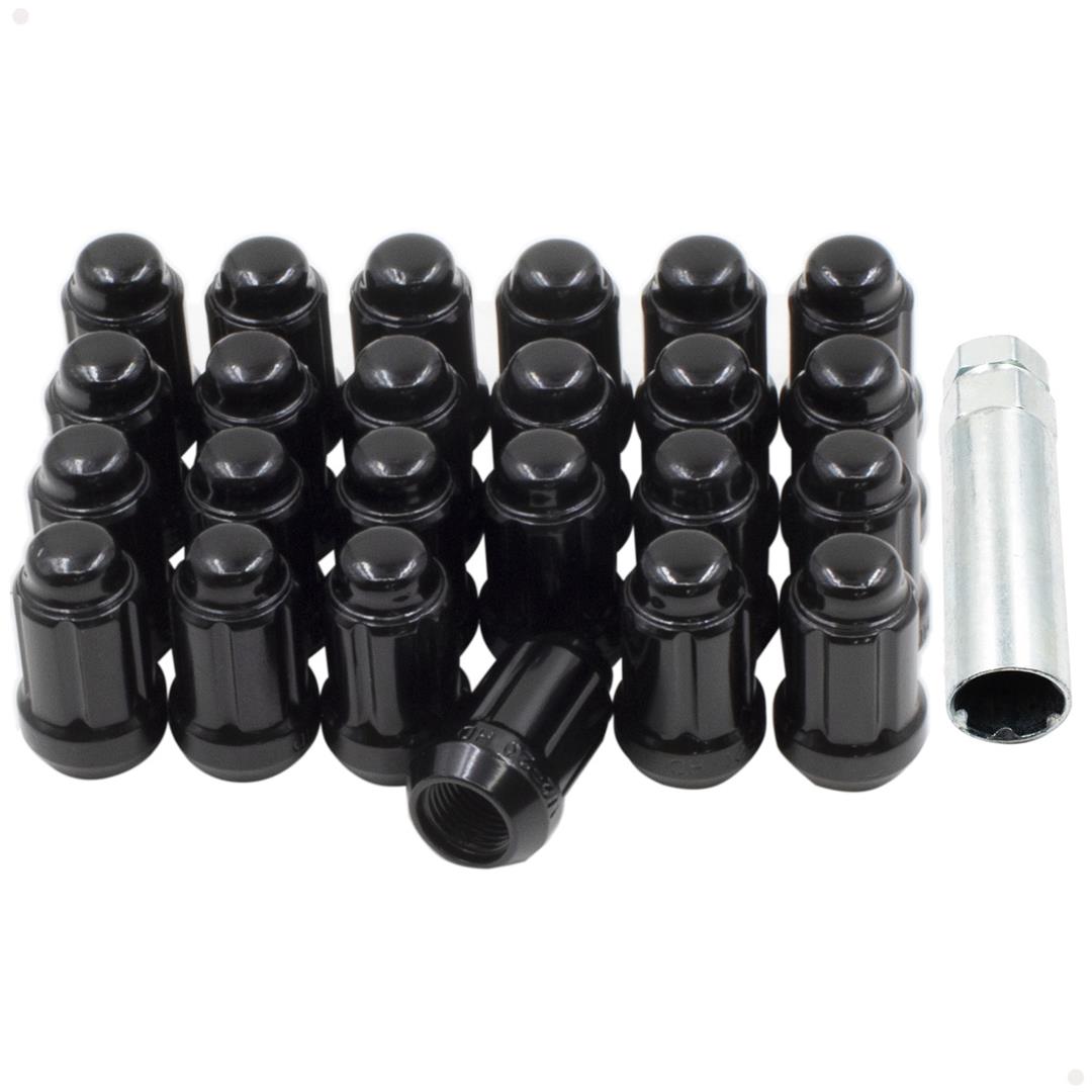 Lug Nut 6 Lug Kit; 12 Millimeter x 1.25 Thread Size; 60 Degree Conical; Spline Drive; Acorn; 1.38 Inch Overall Length; 6 Spline Tool; With 24 Black Carbon Steel Lug Nut