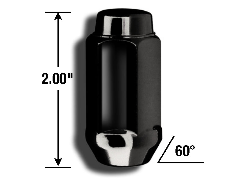 Lug Nut 14 Millimeter X 1.5 Thread Size; Conical Seat; 2 Inch Overall Length; 7/8 Inch Hex Size; Black Chrome; Steel; Single Lug Nut