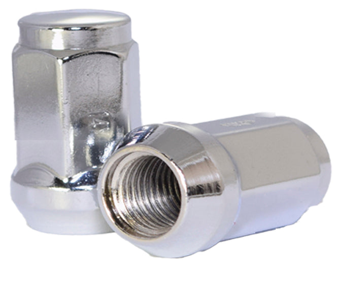 Lug Nut 14 Millimeter X 2 Thread Size; 60 Degree Conical Bulge; Acorn; 1.38 Inch Overall Length; 3/4 Inch Hex Size; Chrome Plated; Steel; Single