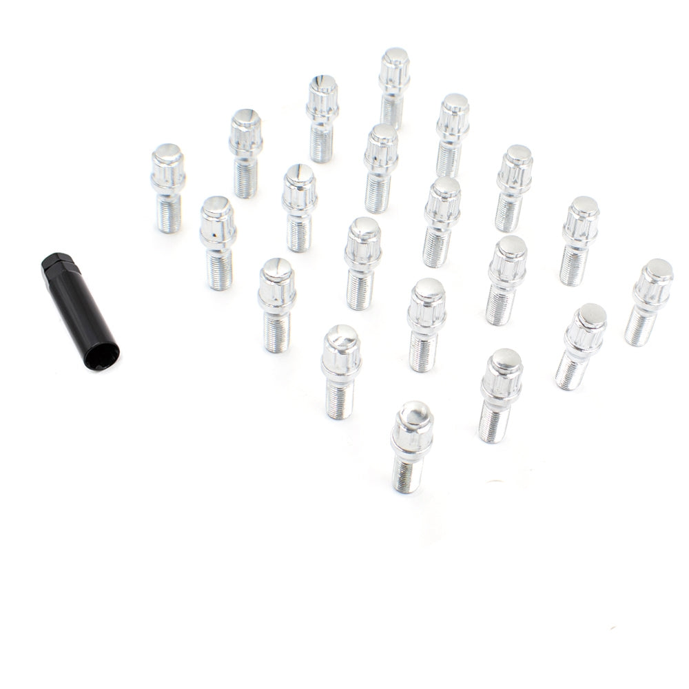 Lug Bolt 5 Lug Kit; 14 Millimeter x 1.25 Thread Size; 60 Degree Conical; Spline Drive; Acorn Duplex; 1.10 Inch Shank Length; 2.24 Inch Overall Length; 6 Spline Tool; With 20 Chrome Plated Carbon Steel Lug Bolts