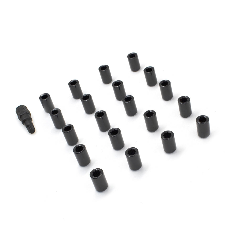 Lug Nut 5 Lug Kit; 14 Millimeter x 1.5 Thread Size; 60 Degree Conical; Tuner Acorn; 1.26 Inch Overall Length; With 20 Black Carbon Steel Lug Nut