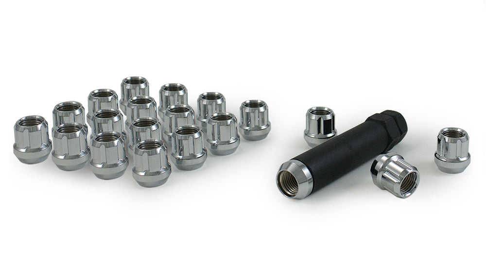 Wheel Installation Kit 5 Lug Kit; 12 Millimeter X 1.25 Thread Size; 60 Degree Conical; Spline Drive; Acorn Open End; 0.85 Inch Overall Length; 6 Spline Tool; With 20 Chrome Plated Steel Lug Nut/ Socket Key