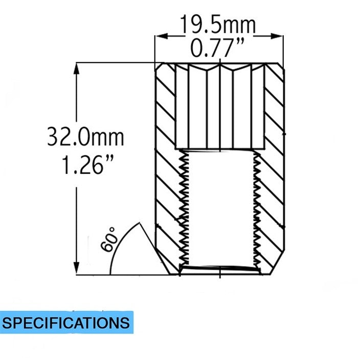 Lug Nut 5 Lug Kit; 14 Millimeter x 1.5 Thread Size; 60 Degree Conical; Tuner Acorn; 1.26 Inch Overall Length; With 20 Black Carbon Steel Lug Nut