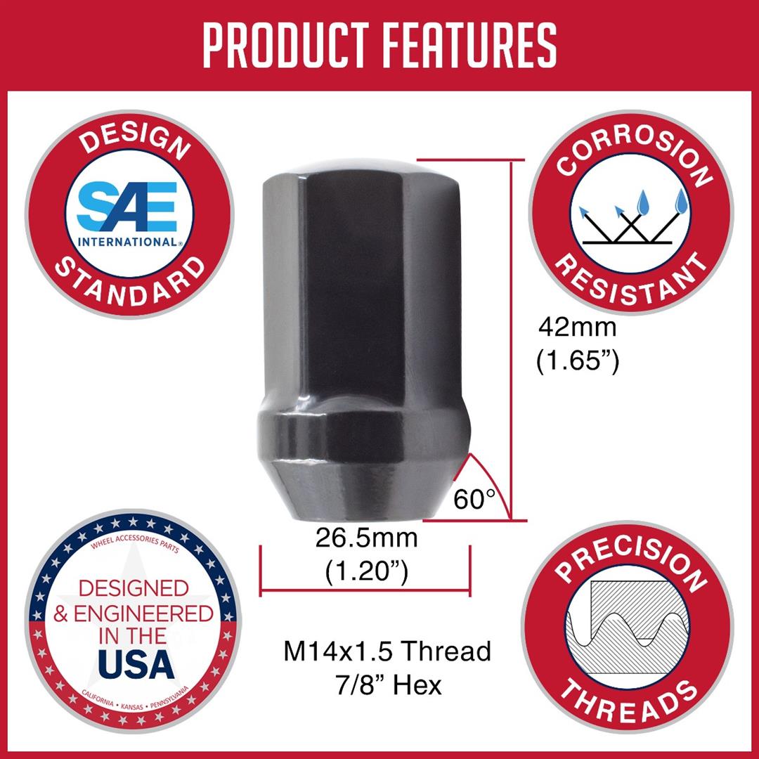 Lug Nut 5 Lug Kit; 14 Millimeter x 1.5 Thread Size; 60 Degree Conical; Acorn; 1.66 Inch Overall Length; 7/8 Inch Hex Size; With 20 Black Steel Lug Nuts