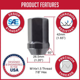 Lug Nut 5 Lug Kit; 14 Millimeter x 1.5 Thread Size; 60 Degree Conical; Acorn; 1.66 Inch Overall Length; 7/8 Inch Hex Size; With 20 Black Steel Lug Nuts