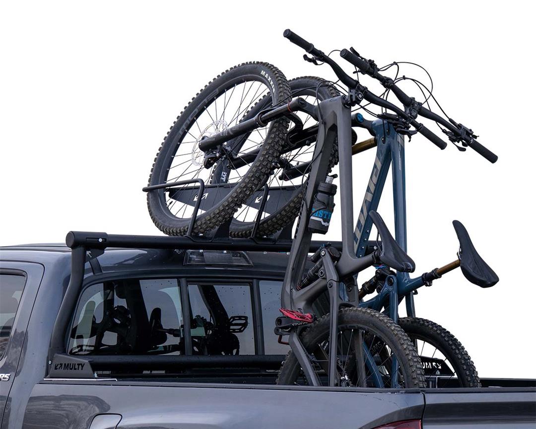 Bike Rack Bed Mount; Holds 2 Bikes Vertically; Cradle System With Straps; Non-Foldable; Texture Black Powder Coated; Aluminum; Additional Bike Rack Cradles Are Sold Separately To Carry Up To 4 Bikes