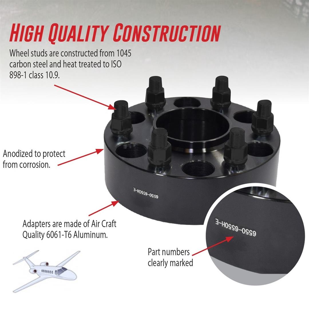 Wheel Adapter 8 x 165.1 Millimeter/ 8 x 6.50 Inch Axle Bolt Circle; 8 x 180 Millimeter/ 8 x 7.08 Inch Wheel Bolt Circle; Hub Centric; 14 Millimeter x 1.5 Thread Size Studs; 117.00 Inside Diameter Hub Size/ 124.10 Outside Diameter Hub Size; 2 Inch Thick; B