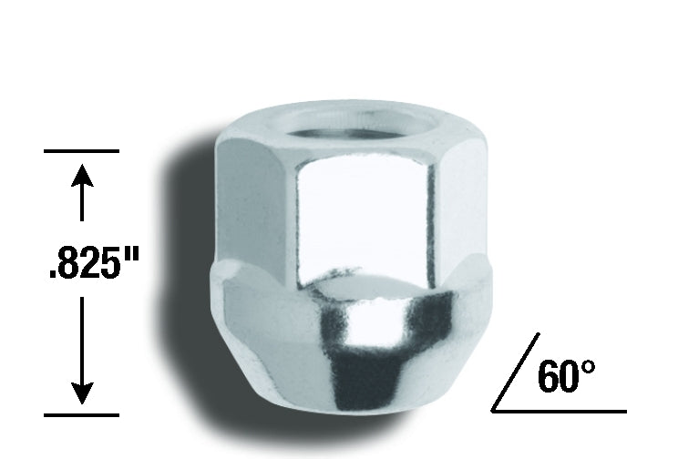 Lug Nut 12 Millimeter X 1.5 Thread Size; Conical Seat; For Use With Steel And Aluminum Wheels; 0.825 Inch Overall Length; 3/4 Inch Hex Size; Chrome Plated; Steel; Pack Of 100