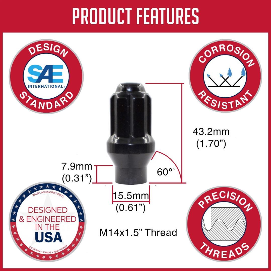 Lug Nut 14 Millimeter X 1.5 Thread Size; ET Shank Open End; Spline Drive Open End Lug; 1.36 Inch Overall Length; Spine Drive; Requires 6 Spline Tool (See Required Parts); Black; Steel