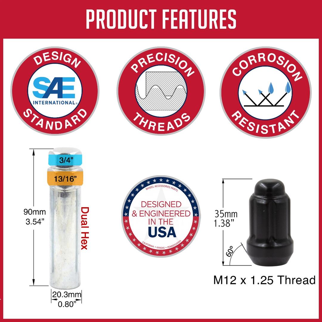 Lug Nut 6 Lug Kit; 12 Millimeter x 1.25 Thread Size; 60 Degree Conical; Spline Drive; Acorn; 1.38 Inch Overall Length; 6 Spline Tool; With 24 Black Carbon Steel Lug Nut