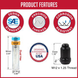 Lug Nut 6 Lug Kit; 12 Millimeter x 1.25 Thread Size; 60 Degree Conical; Spline Drive; Acorn; 1.38 Inch Overall Length; 6 Spline Tool; With 24 Black Carbon Steel Lug Nut